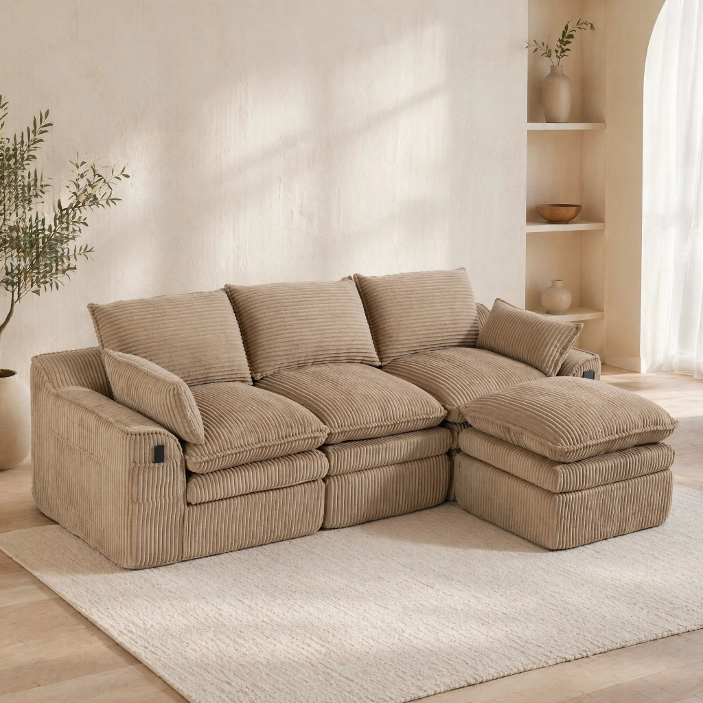 Divano modulare 3 posti in tessuto corduroy khaki con pouf, tasche laterali e cuscini