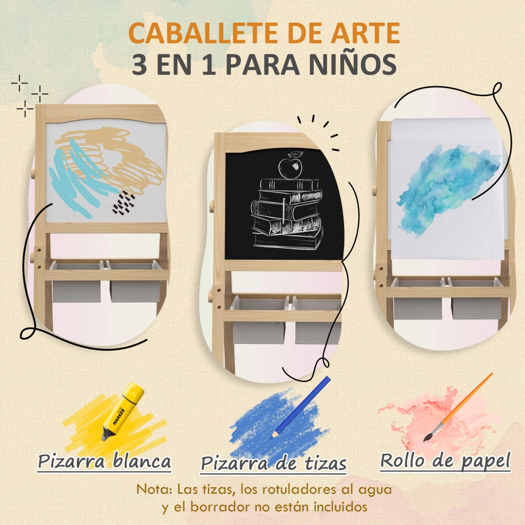 Cavalletto per Bambini 3 in 1 ¨C Xylo ¨C Legno Naturale Bianco con Lavagna 58x50,5x109 cm