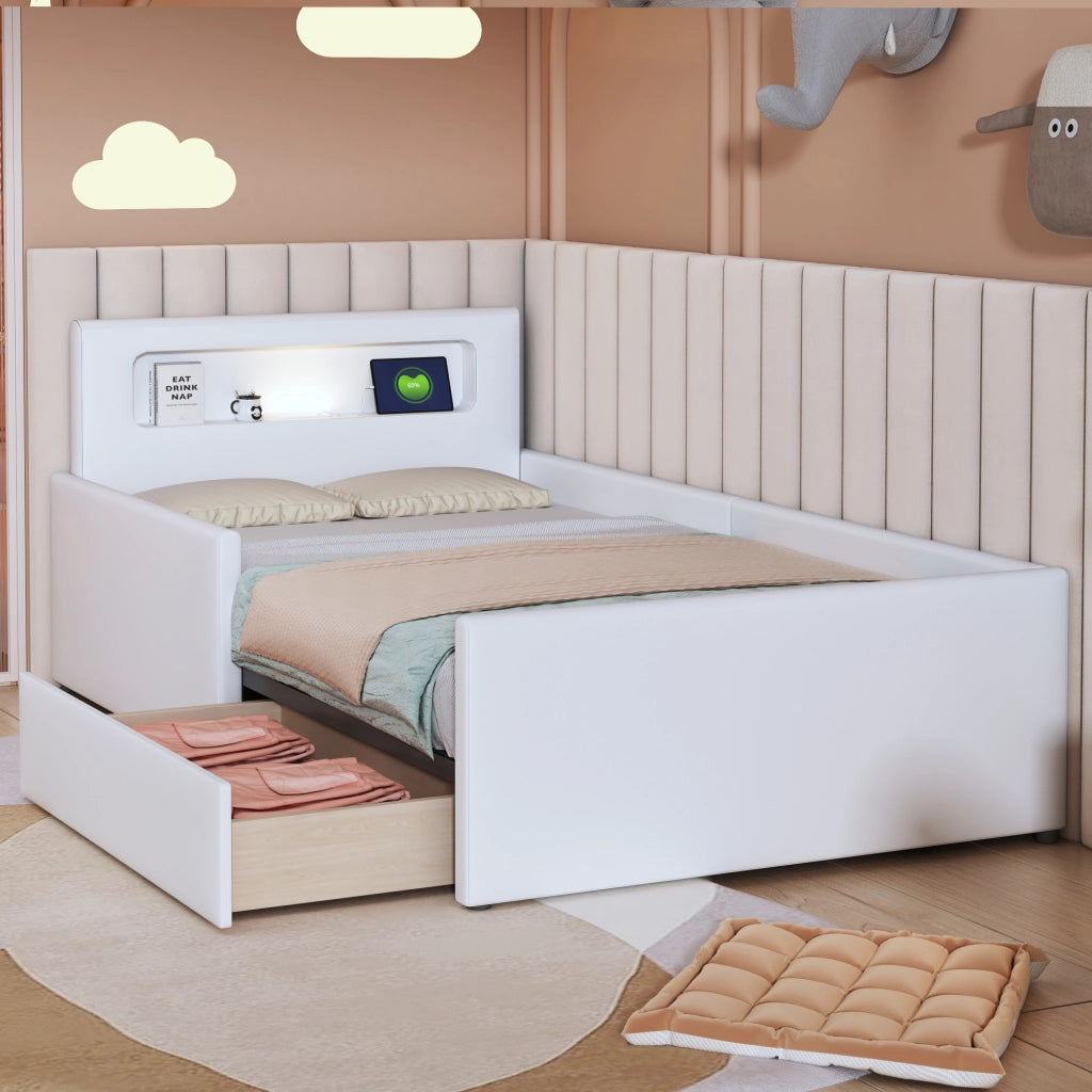 Letto Singolo Imbottito per Bambini con Luce LED e USB ¨C MINIMAL ¨C Similpelle Bianco 90x200