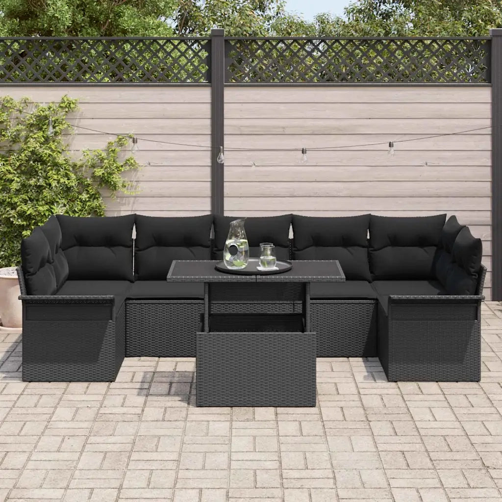 Set Divano da Giardino con cuscino 8 pcs Nero polyrattan