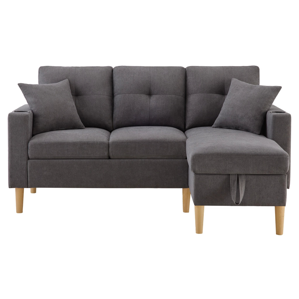 Divano Angolare 3 Posti con Chaise Longue e Contenitore ¨C MINIMAL ¨C con Cuscini e Portabicchieri