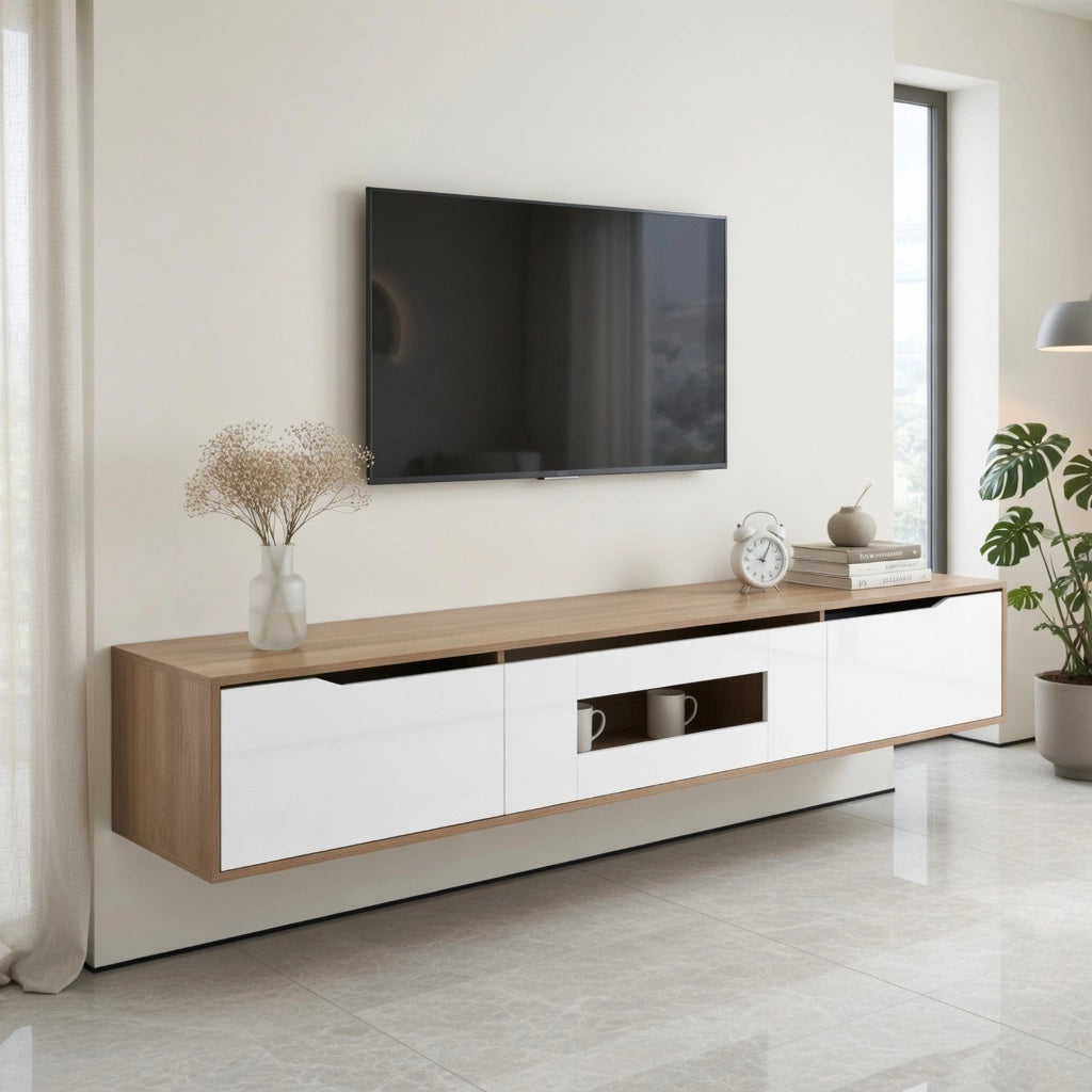 Cassettiera per TV bianca lucida in truciolare lunghezza 180 cm