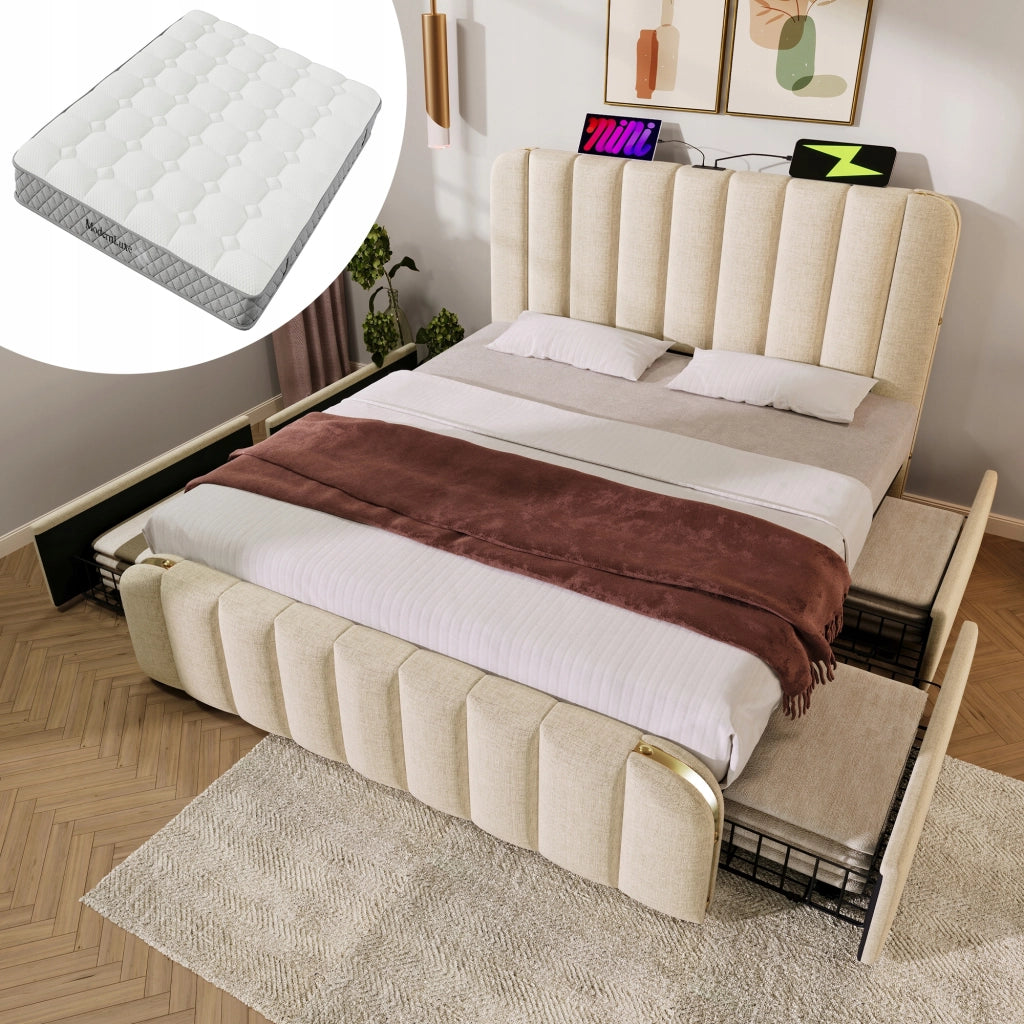 Letto imbottito con cassetti e USB-C - Xylo - 160x200 be?owe