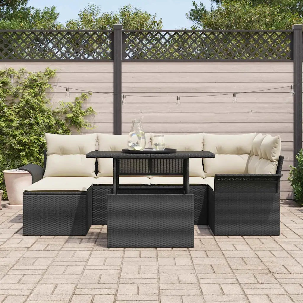 Set Divano da Giardino con cuscino 7 pcs Nero Poly Rattan