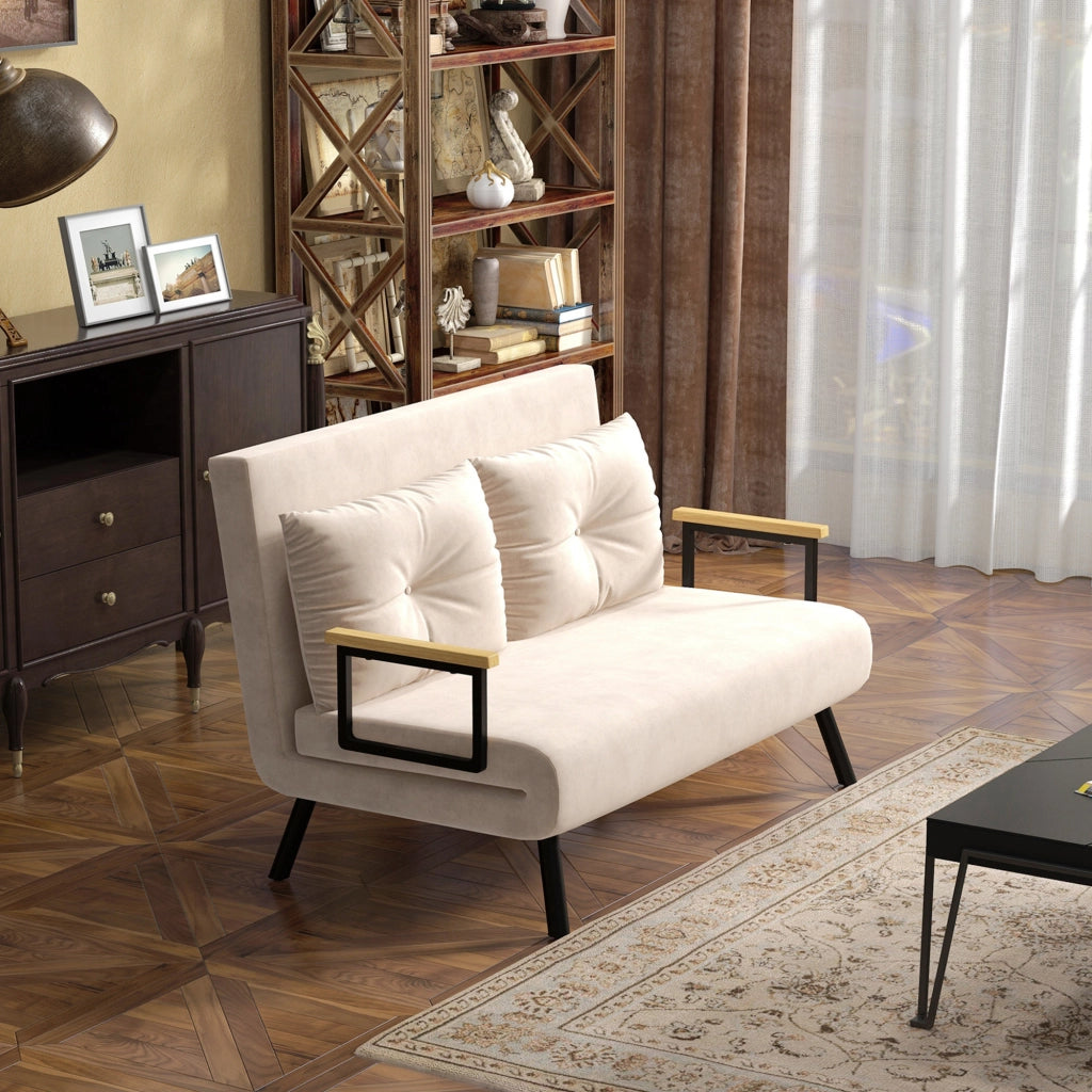 Divano letto 2 posti in velluto ¨C Xylo ¨C Beige con 2 cuscini