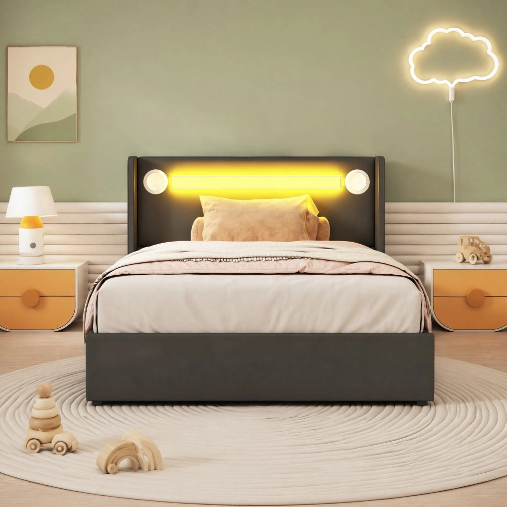 LETTO Bambini 90x200 cm in PU Nero con LED, Bluetooth e USB