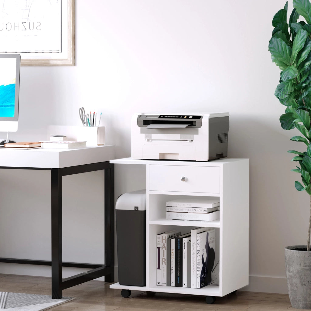 Mobiletto per Stampante in Legno con Ruote e Ripiano Regolabile ¨C Minimal ¨C Bianco