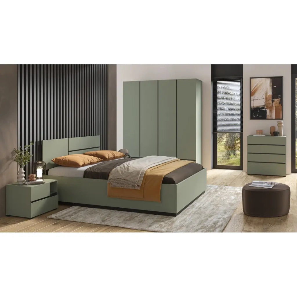 Camera completa HAVANA – Color salvia e nero – Armadio, letto 160x200, cassettiera e comodini – Design moderno
