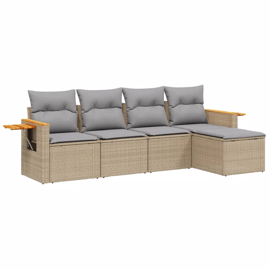 Set Divano da Giardino 5 pz con Cuscini Beige in Polyrattan