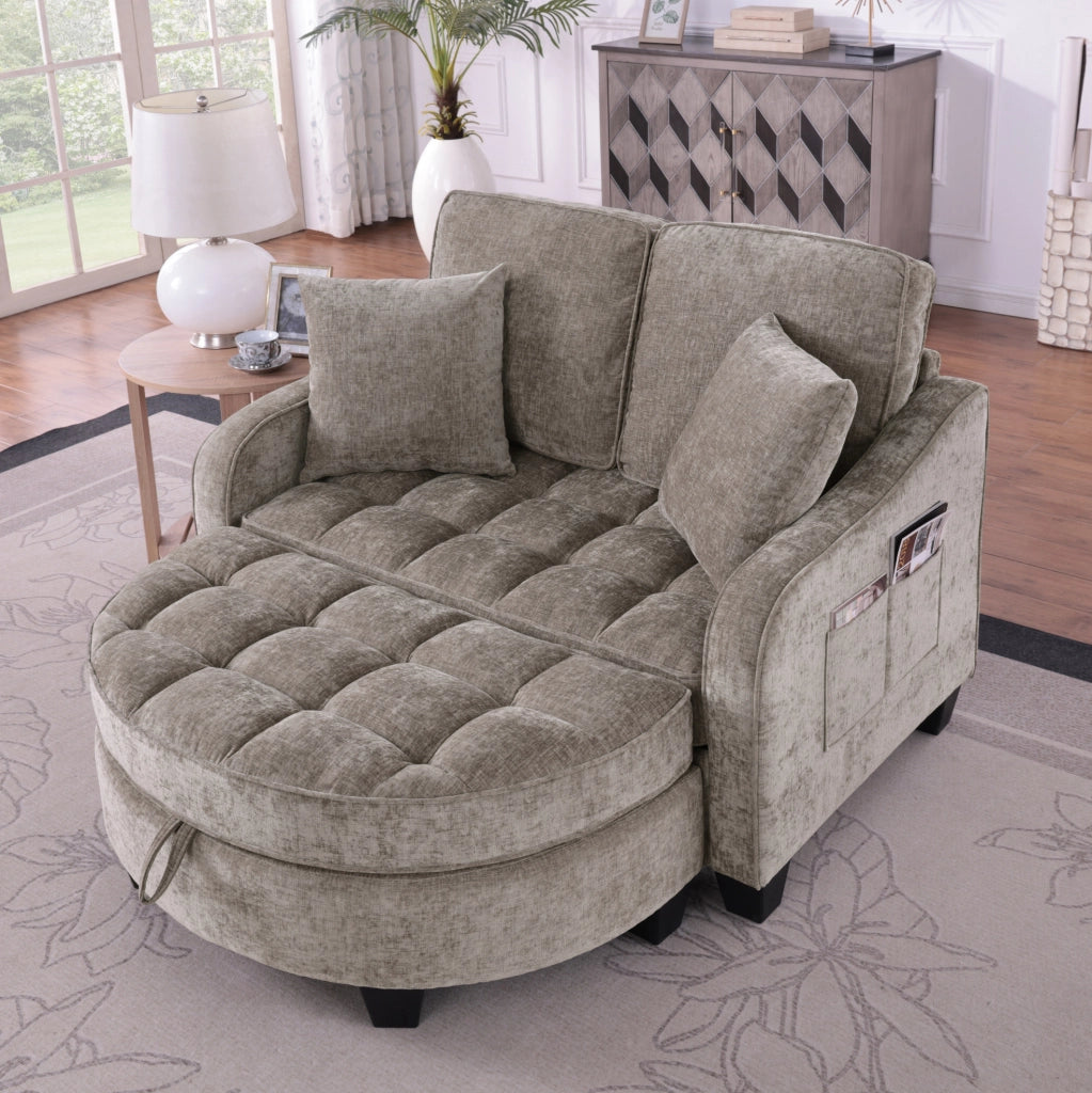 Divano letto 2 in 1 con pouf contenitore; 132x129x93 cm; eucalipto; marrone