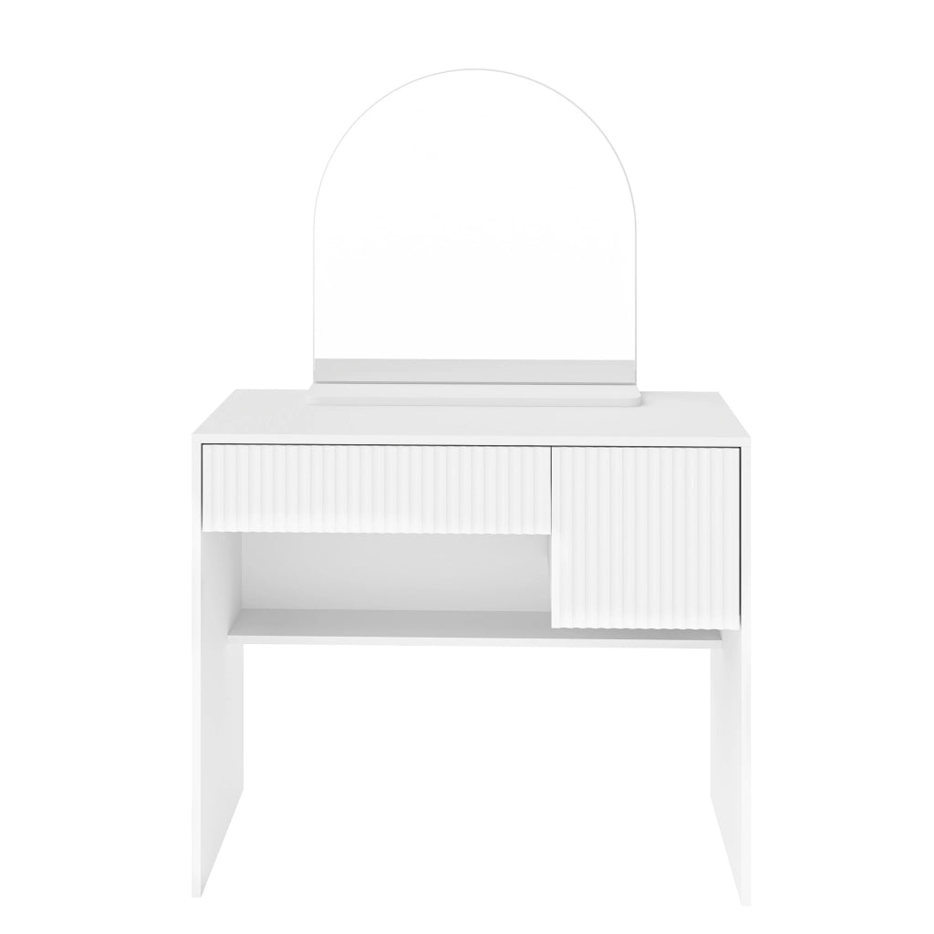 Tavolo trucco con specchio arcuato, 2 cassetti, design moderno, bianco, MDF
