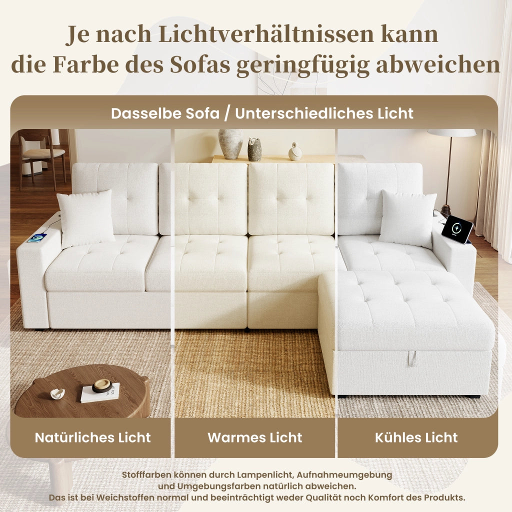 DIVANO angolare modulare 253 cm beige con pouf contenitore e USB Type-C