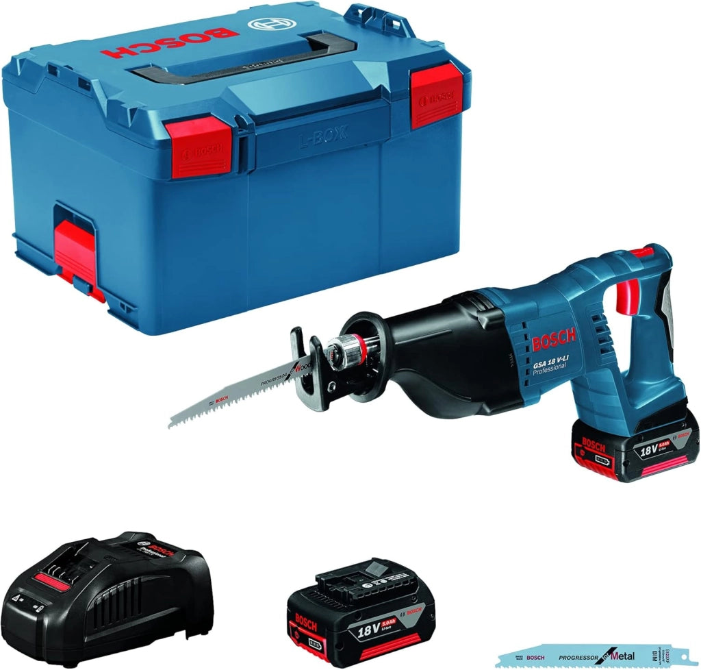 Bosch Professional Sega universale GSA 18V-LI (incl. 2 batt. GBA 18V da 5.0Ah, GAL 1880 CV, 1 lama S 123xF, Progressor for Metal,1 lama S 2345 X, inserto L-BOXX, L-BOXX)