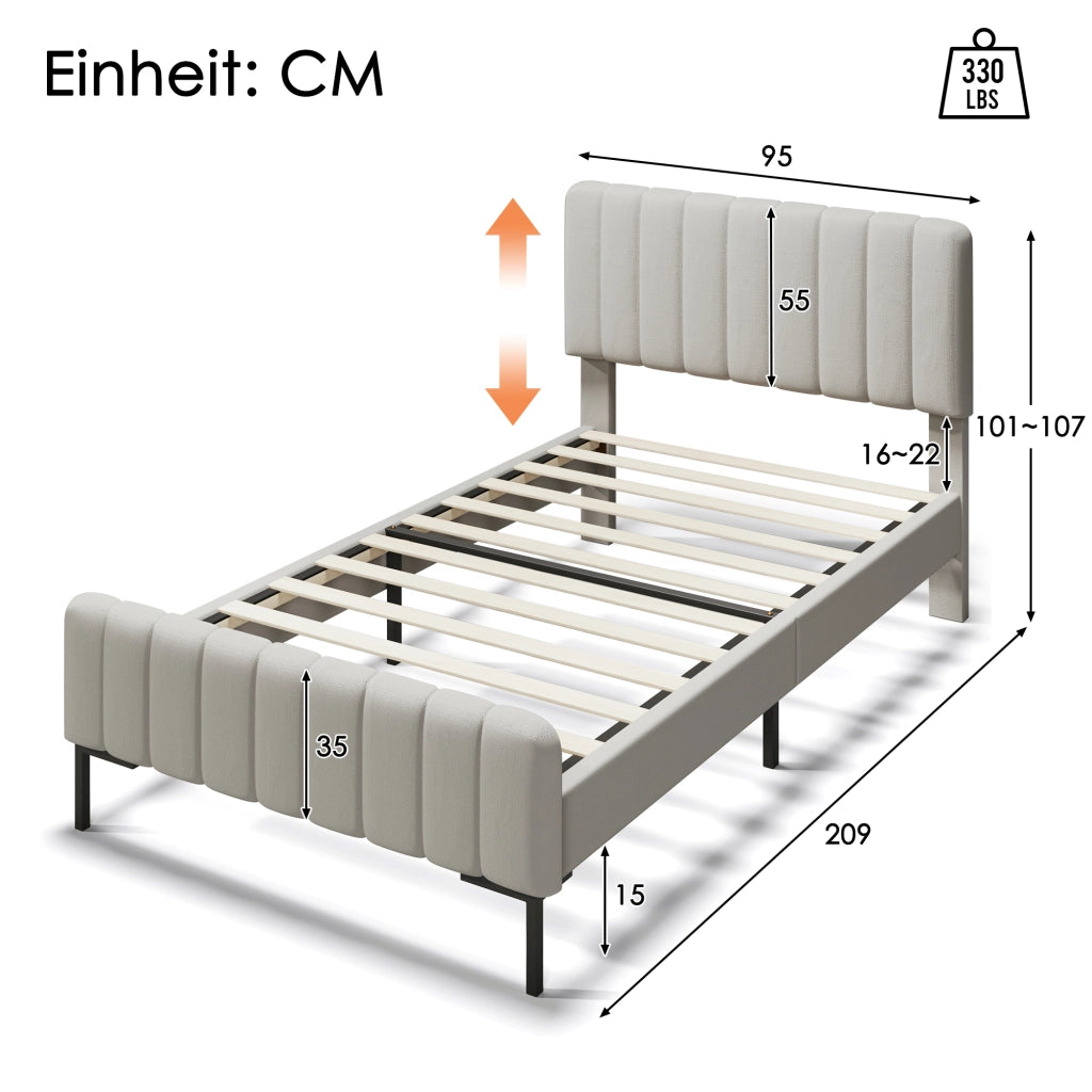 Letto singolo imbottito; 90x200cm; con testiera regolabile; lino grigio beige