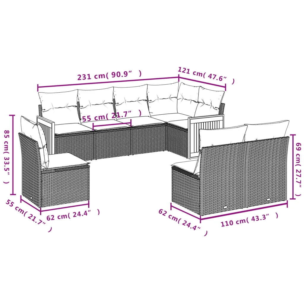 Set Divano da Giardino 8 pz con Cuscini Grigio in Polyrattan 3260128