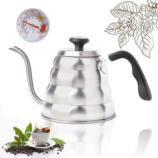 Casseruola per acqua con termometro - Forma elegante - Argento - Acciaio inossidabile - Ideale per caffè e tè - 1,2 litri