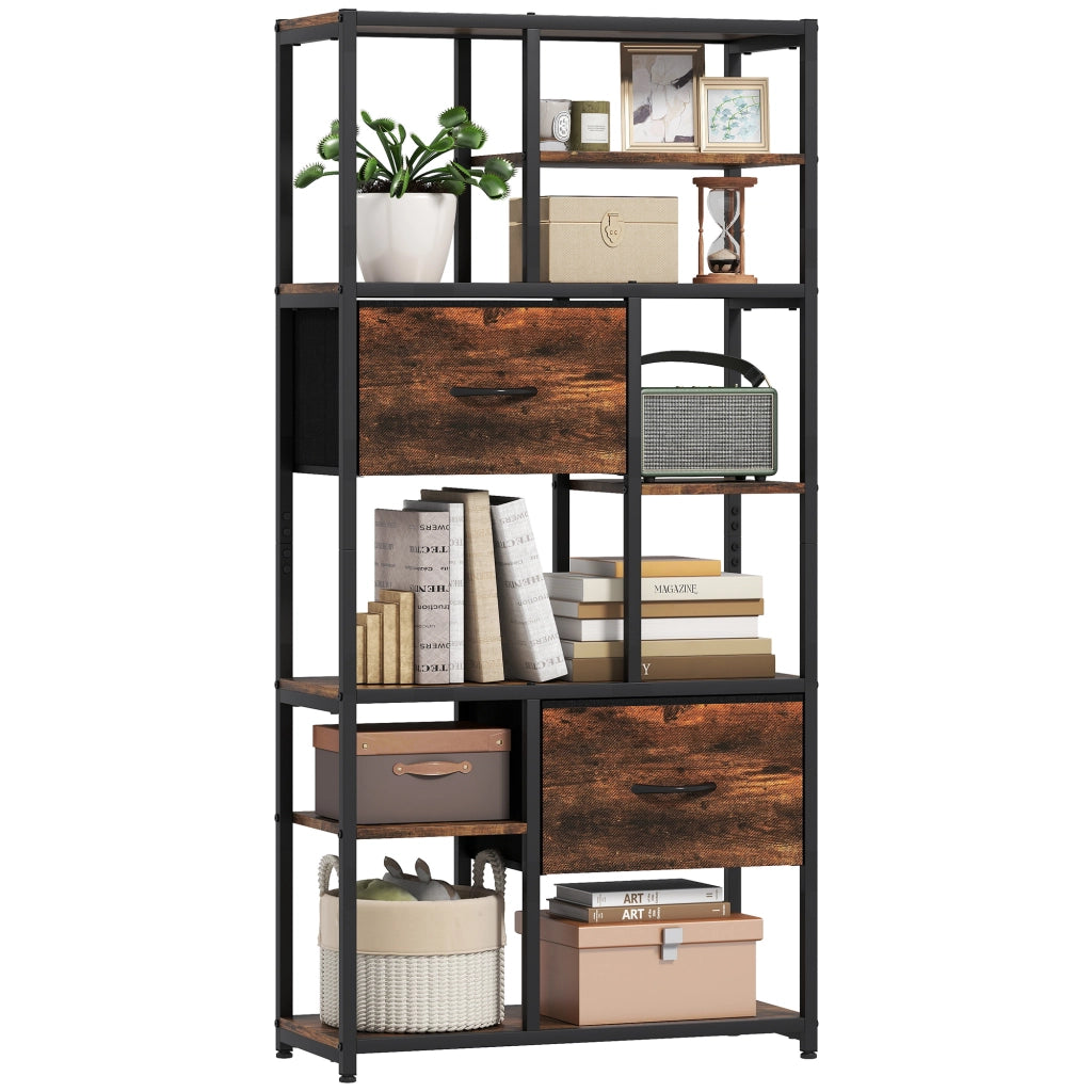 Cassettiera con Ripiani Aperti e 2 Cassetti in Tessuto ¨C Minimal ¨C Marrone e Nero