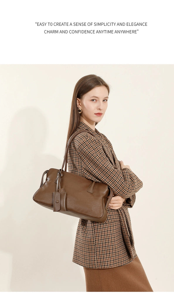 Borsa a tracolla da donna in vera pelle, modello tote o hobo, marrone.