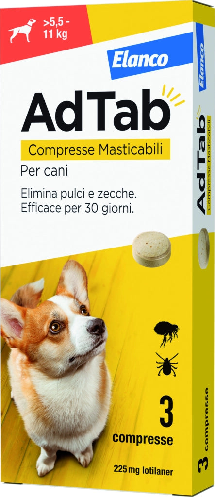 Elanco ANTIPARASSITARIO COMPRESSA MASTICABILE AdTab x cani  5,5÷11 kg. (cf. 3 compr. da 225 mg)