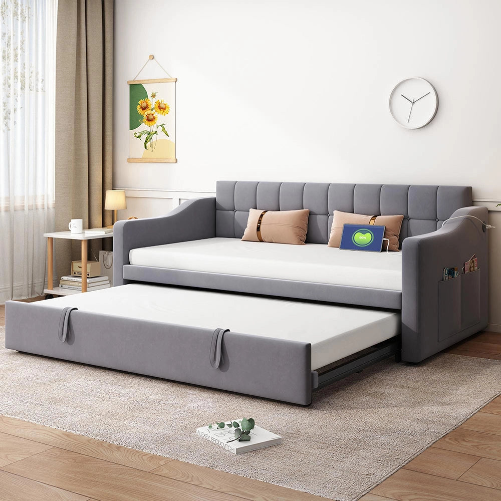 Divano 2 in 1 - Xylo - 90/180 cm velluto grigio USB