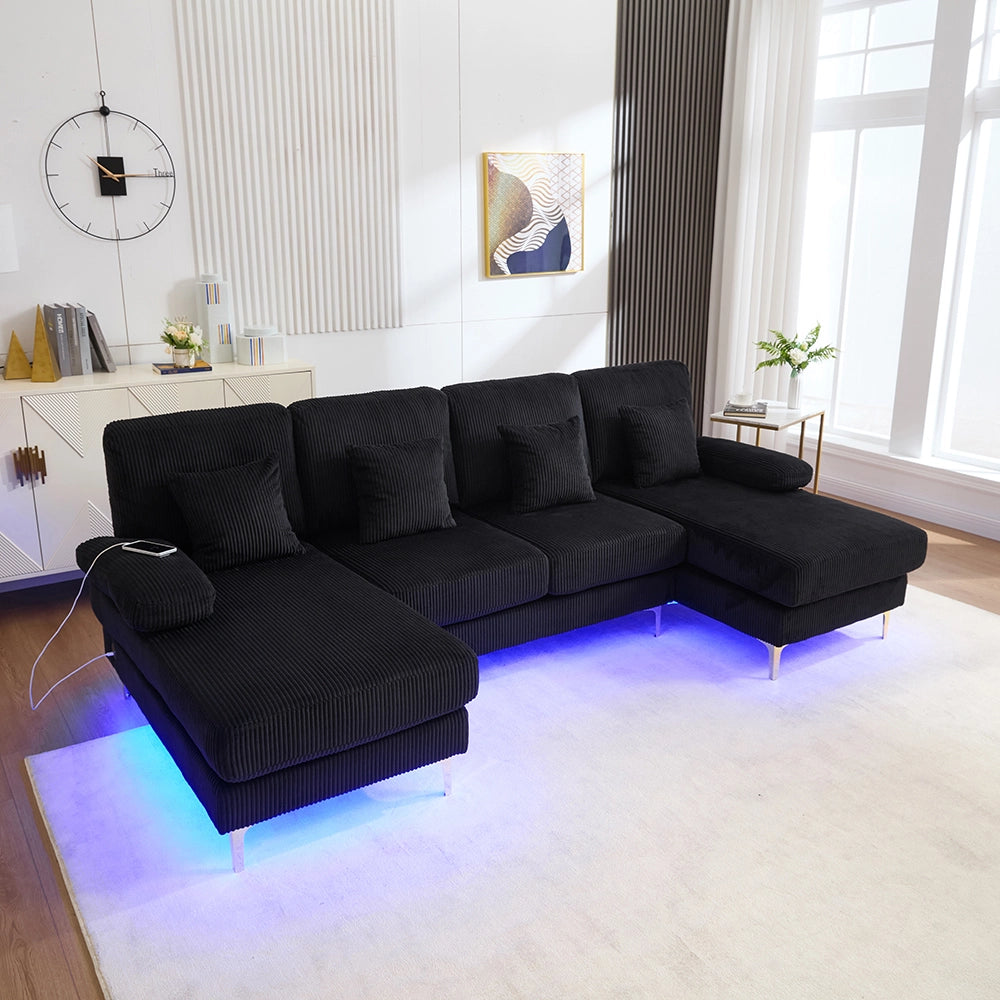 Divano a U - Xylo - LED/USB-C legno massello 4 cuscini nero