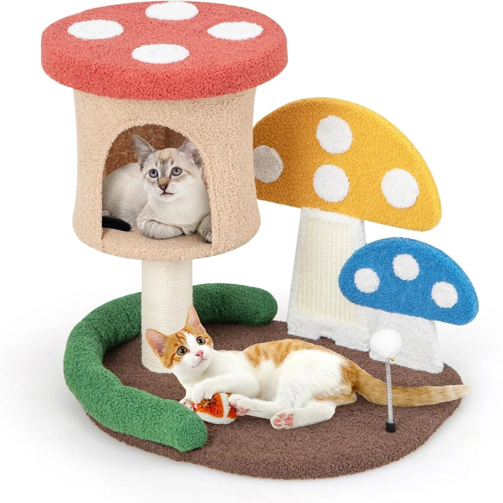 Albero per Gatti 4-in-1 con Condo e Piattaforma, Torre per Gattini a Forma di Fungo con Palo Avvolto in Sisal, Tiragraffi e Palla a Molla
