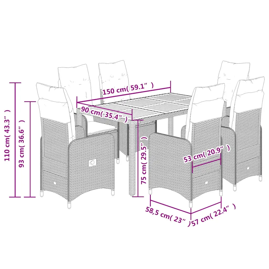 Set da Bistrò da Giardino 7 pz con Cuscini Nero in Polyrattan