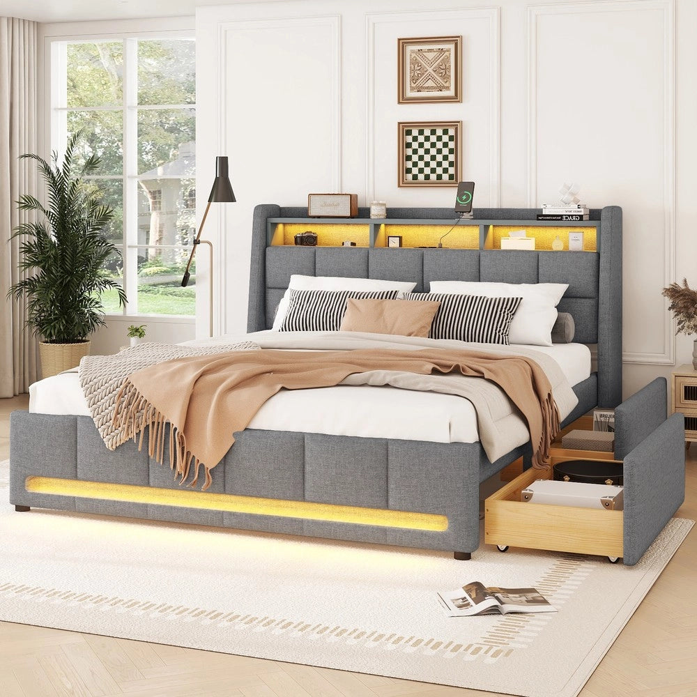 Letto Imbottito con Cassetti e LED ¨C MINIMAL ¨C Grigio, Tessuto Lino, 140x200