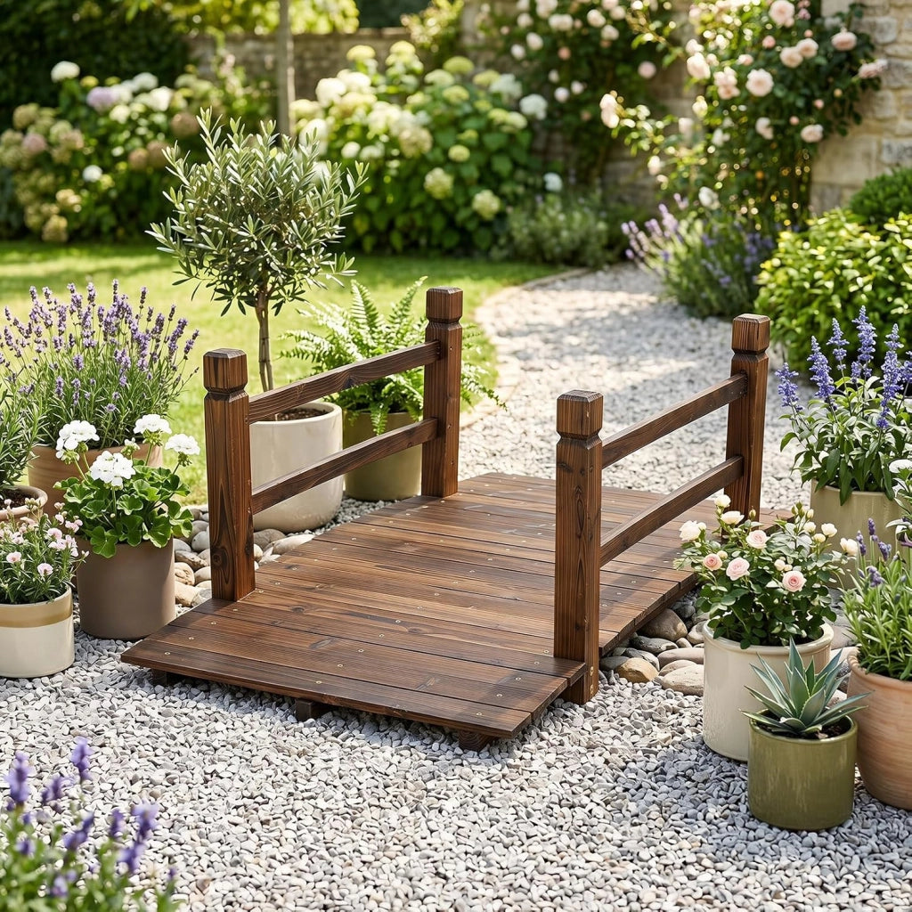 Ponte da Giardinoin Legno di Abete Carbonizzato (125 x 68 x 47 cm) | Ponticello Decorativo con Ringhiere di Sicurezza per Laghetto, Stagno e Cortile, Portata 500 kg