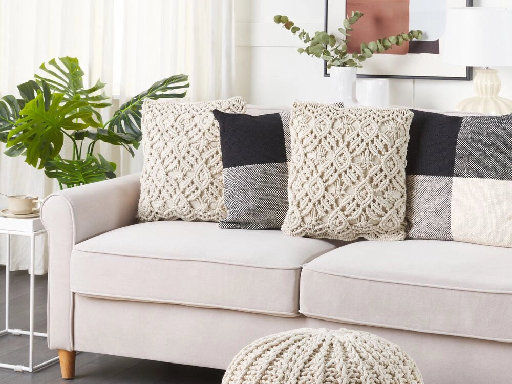Cuscino Decorativo Beige Cotone Macramé 50 x 50 cm Corda Boho Retro Decor Accessori