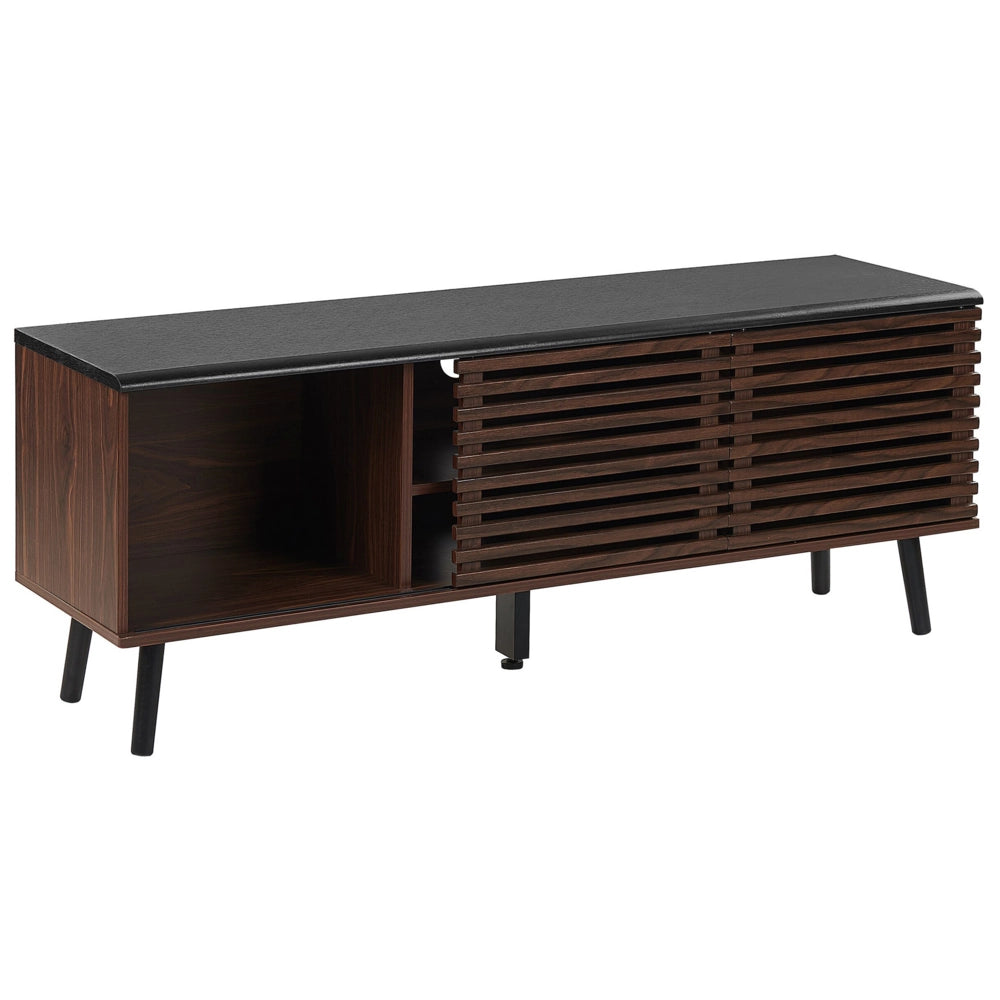 Mobile TV con finitura in legno scuro fino a 63ʺ Mobile TV con ante scorrevoli a doghe