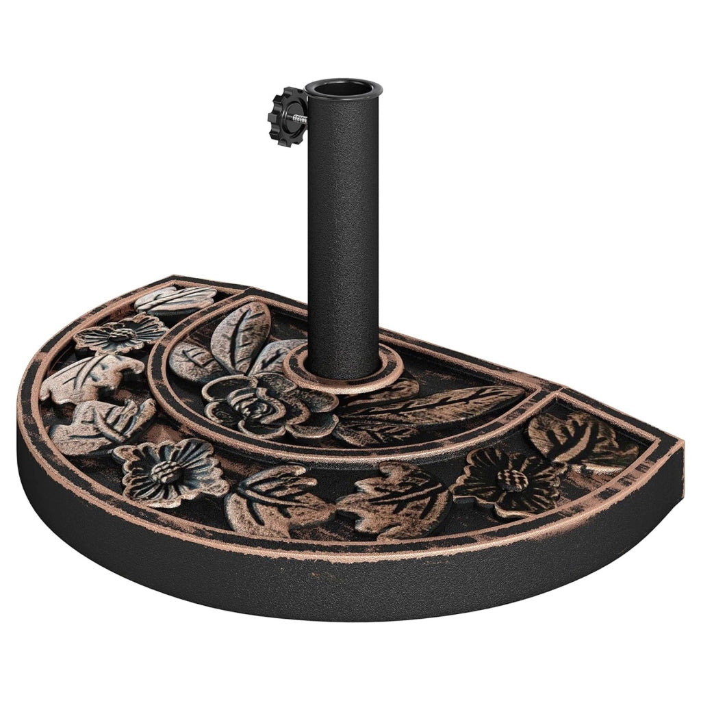 Base Ombrellone Semicircolare Motivo Floreale In Cemento HDPE E Metallo Supporto Per Palo Ø 38/48 Mm Ideale per Balcone Terrazza Giardino Resistente Intemperie 50 x 31 x 7 Cm Bronzo