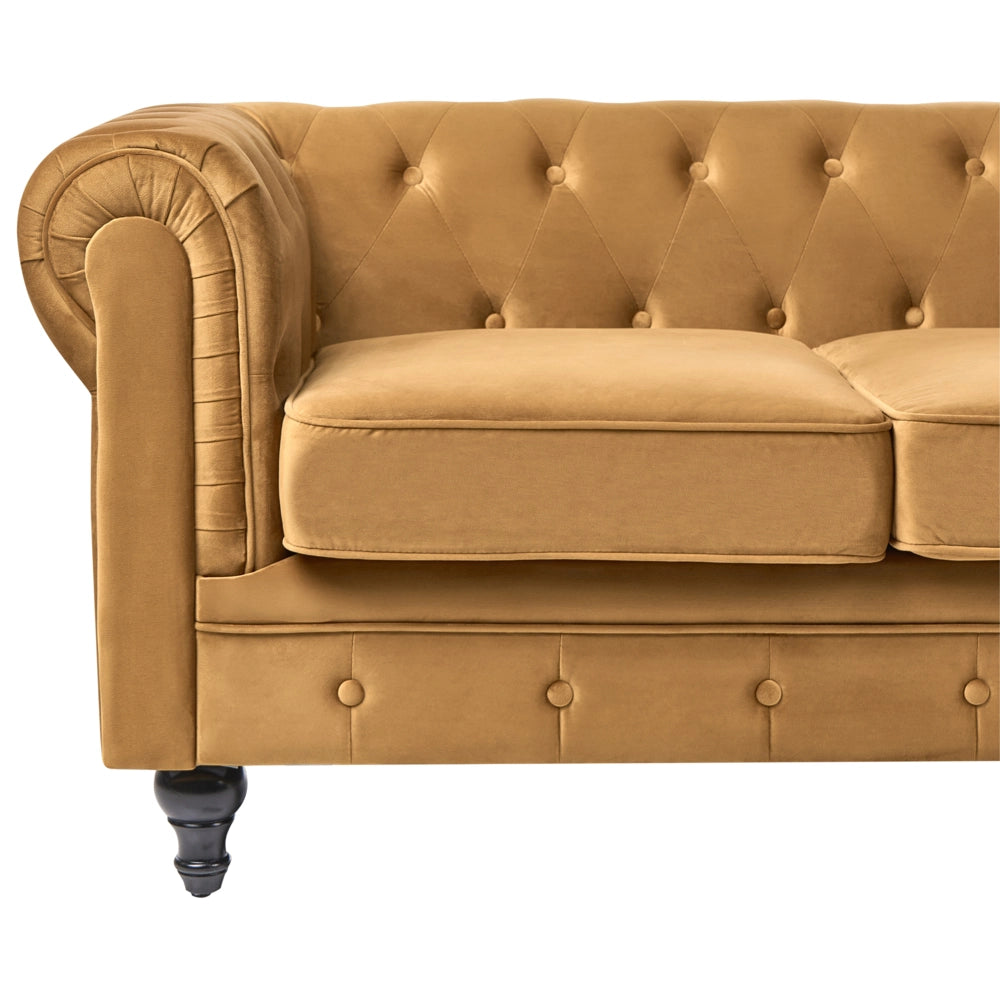 Set da soggiorno Chesterfield con rivestimento in velluto oro con gambe nere divano a 3 posti + poltrona