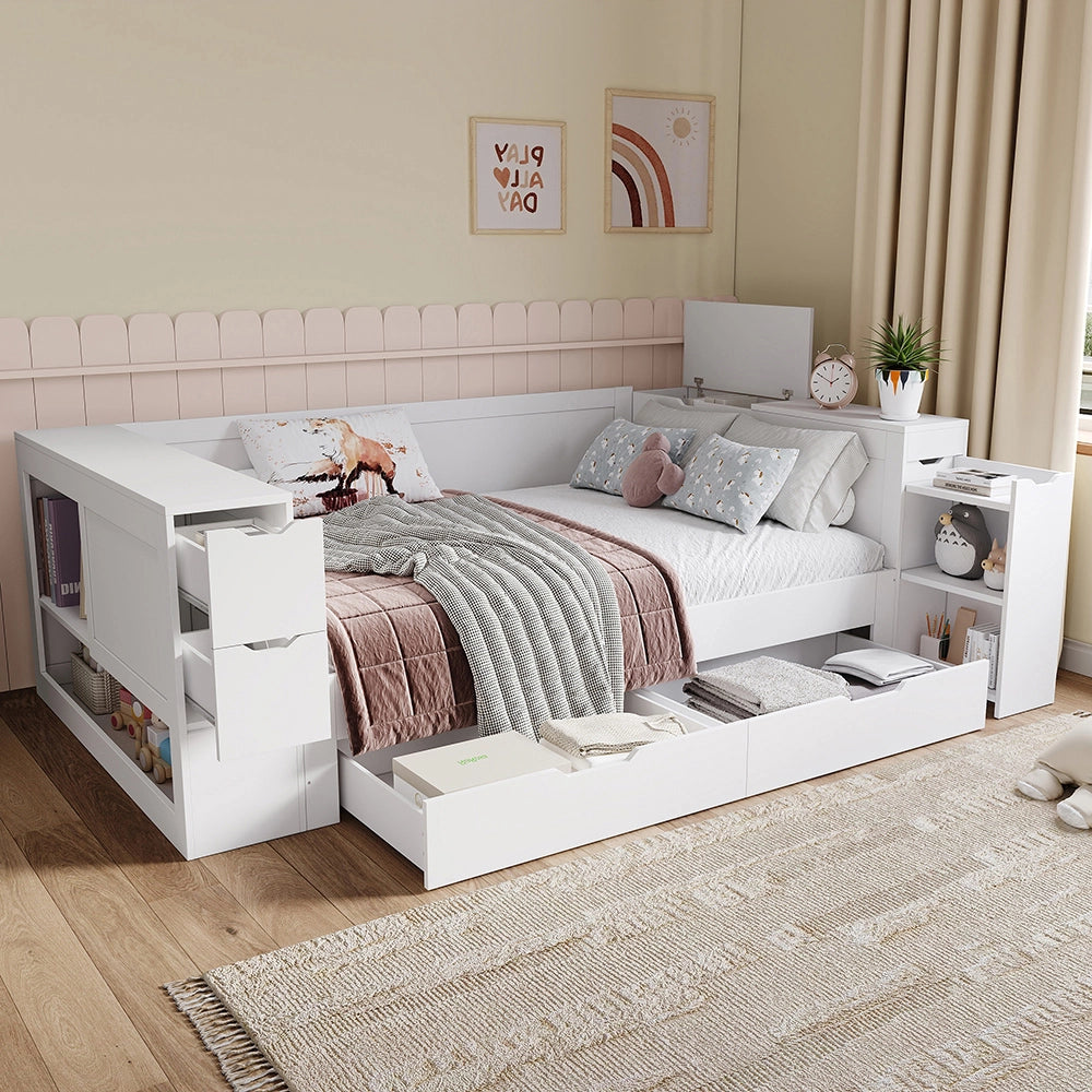 Letto-Xylo-140x200 cm-con cassetti, scrivania, comodini, bianco