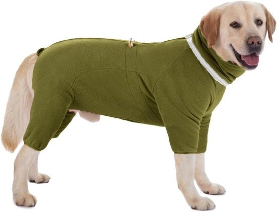 Abbigliamento per cani in pile a pelo lungo, giacca e pantaloni in un pezzo.