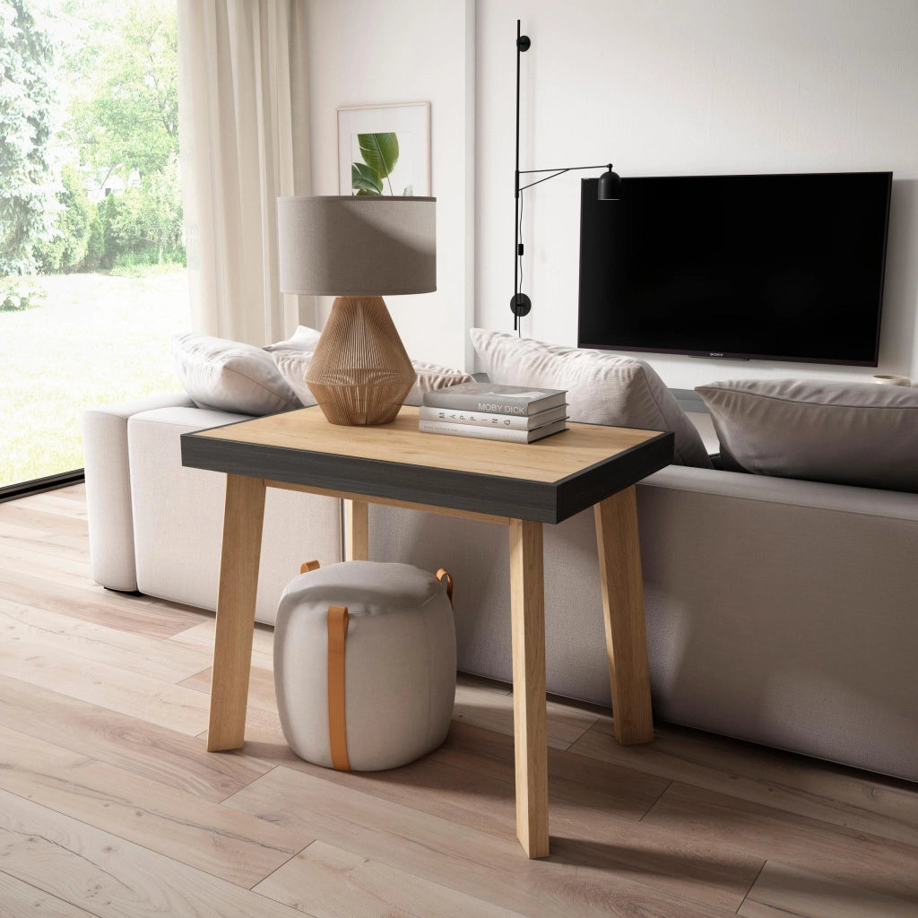 Consolle allungabile, 160x90x73cm, Per 8 persone, Gambe in legno, colore Rovere e nero RF3041