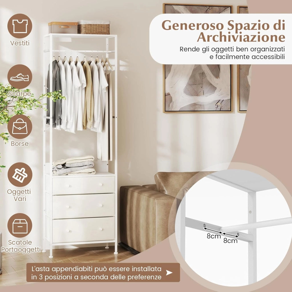 Appendiabiti con Cassetti in Tessuto, Armadio Autoportante con Asta Appendiabiti a 3 Posizioni e Ripiani di Stoccaggio, Ideale per Ingresso Camera da Letto, 55x28x176 cm (Bianco)