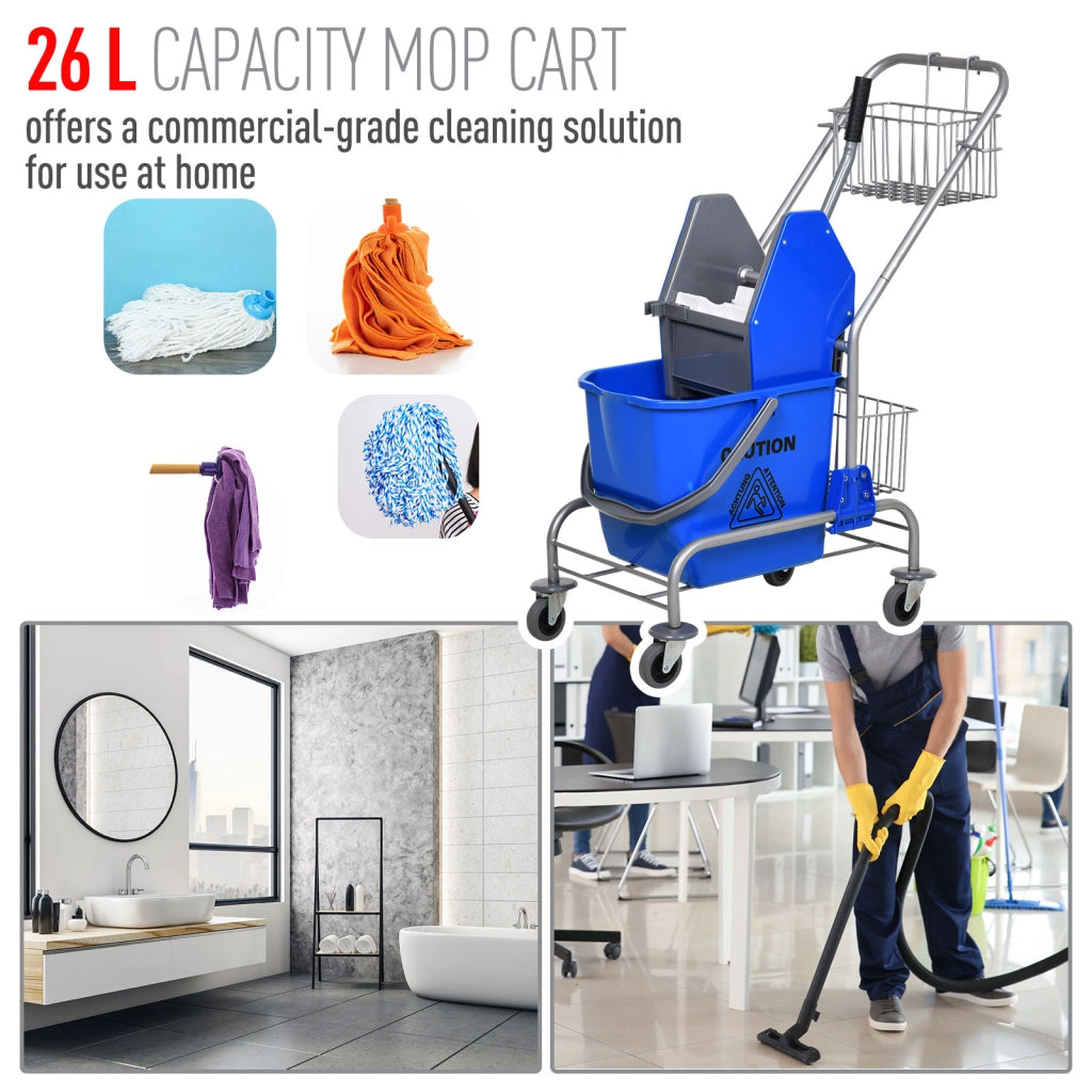 Carrello delle Pulizie Professionale con Secchio da 26L Strizzatore e Cestini a Rete Blu