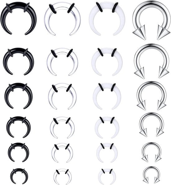 Set di anelli di rinforzo per naso 24 pezzi - Manico di gomma acrilica - Stretcher per naso - Anello di rinforzo per naso - Orecchini per piercing - O-ring nero - Accessori per piercing del naso