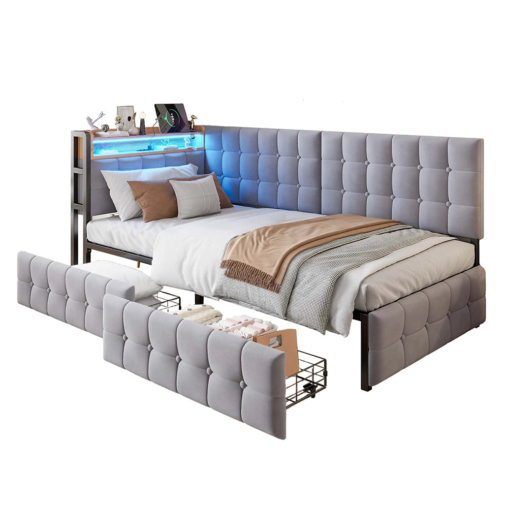 Divano letto - Xylo - 90x200 cm 2 cassetti LED USB grigio