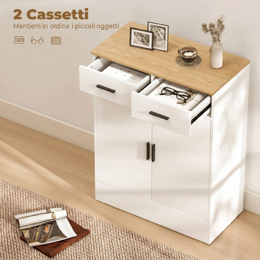 Credenza Bianca con 2 Cassetti e 2 Ante, Ripiano Regolabile ¨C Minimal ¨C Bianco e Legno