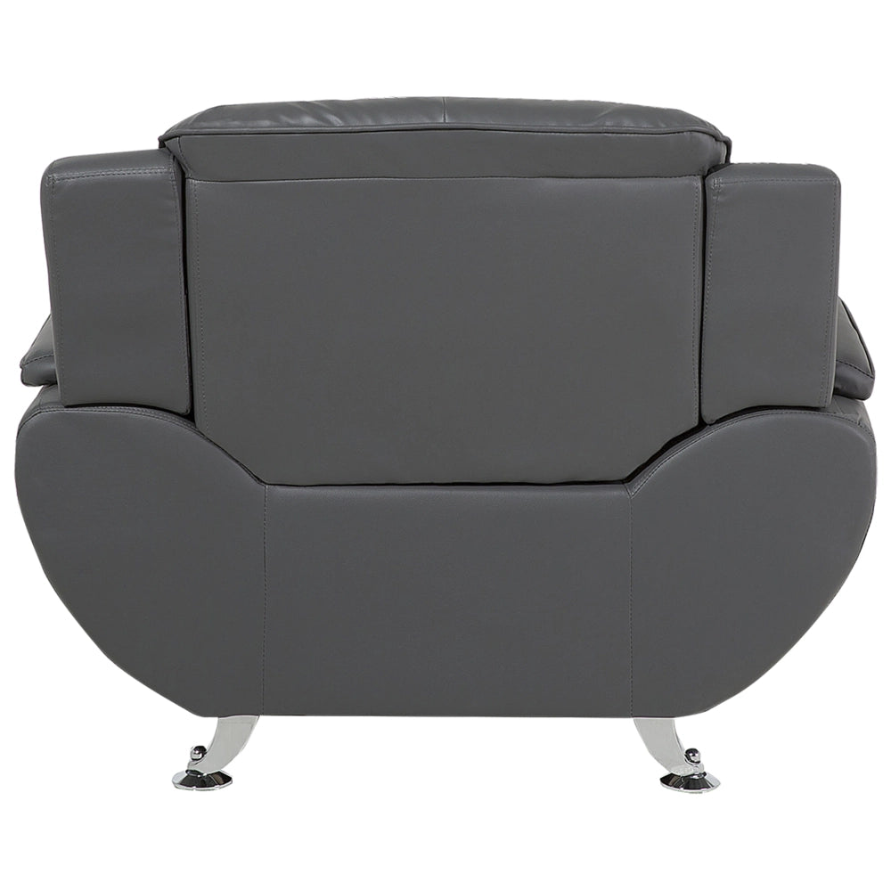 Poltrona Grigio Ecopelle Cuscino Braccioli Gambe Moderne In Metallo Argento