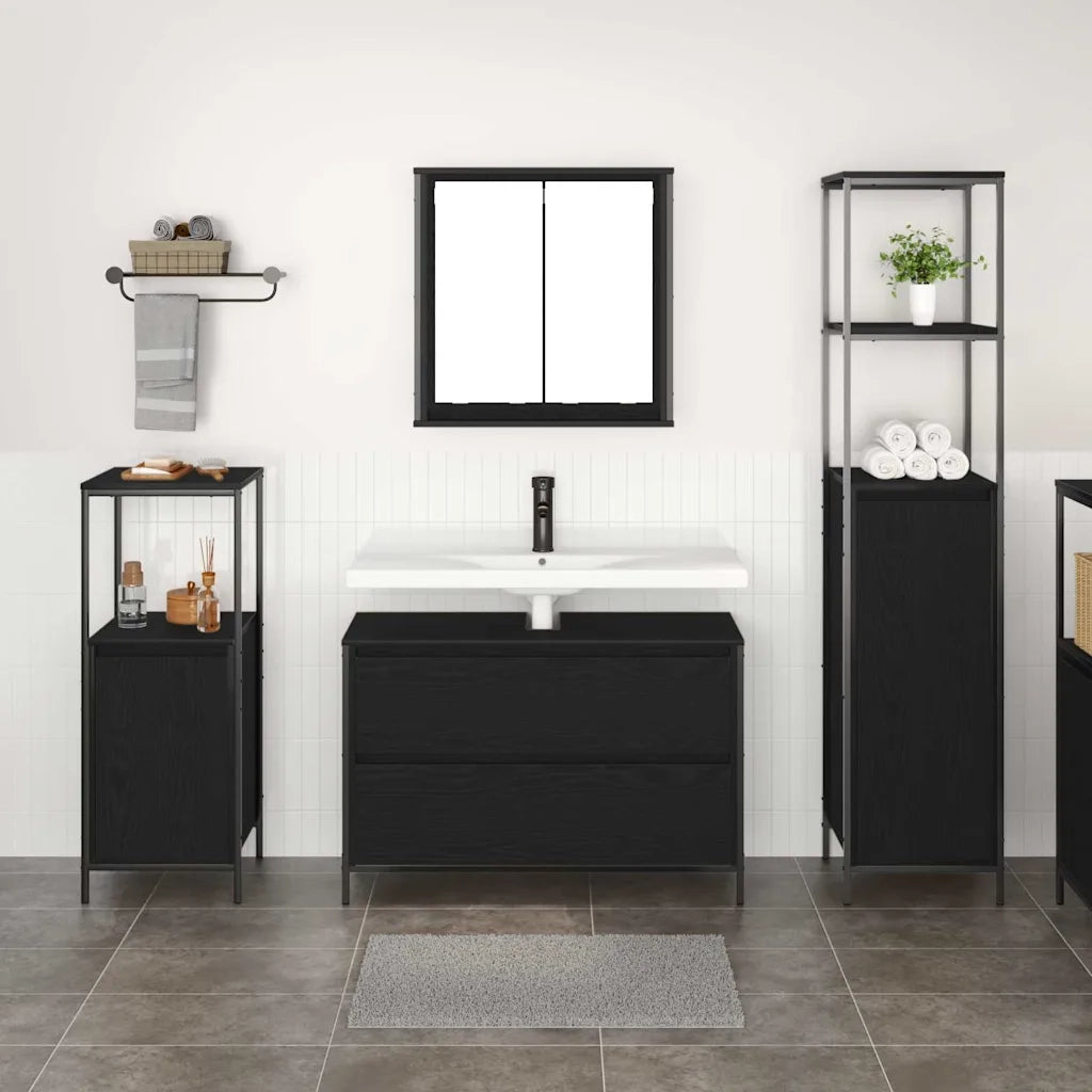 Set di mobili per il Bagno | Armadio da bagno 3 pz Rovere Nero Legno multistrato