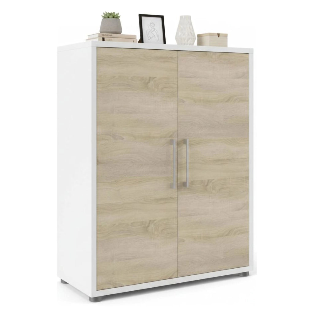 Credenza Warszawa, Buffet da soggiorno, Madia da salotto, Dispensa da cucina, 89x40 h113 cm, Bianco e Quercia