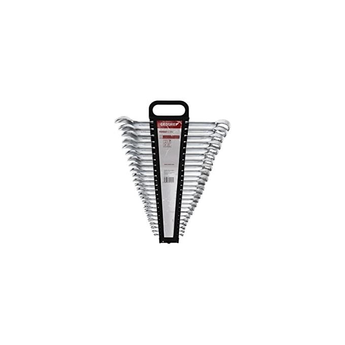 Gedore R09105024 Set di Chiavi Combinata Metriche 24 Pezzi 6-32 mm Acciaio Cromo-Vanadio Finitura Cromata Opaca Satinata Angolo 15° Conforme DIN 3113 ISO 3318 ISO 7738 In Supporto colore Nero