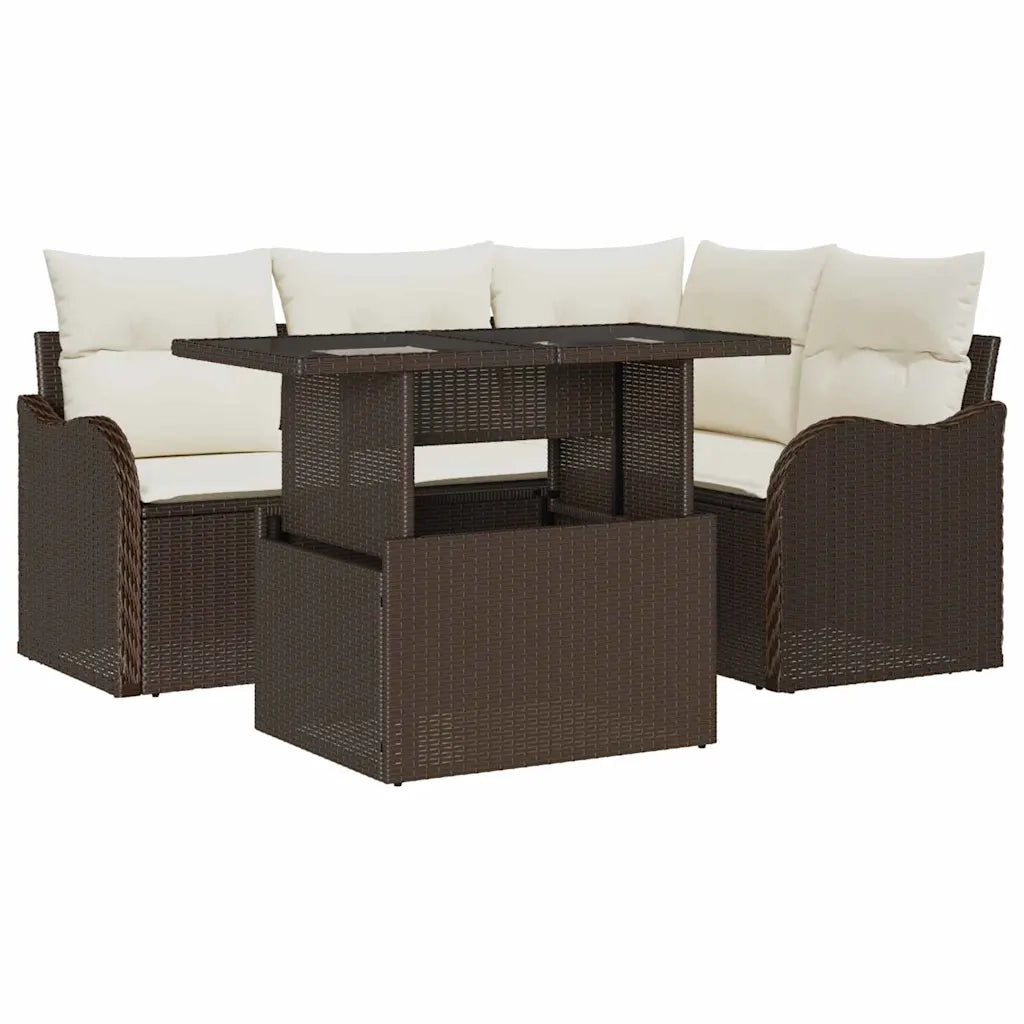 Set da pranzo per esterni con cuscino 5 pcs Marrone Poly Rattan 3348454