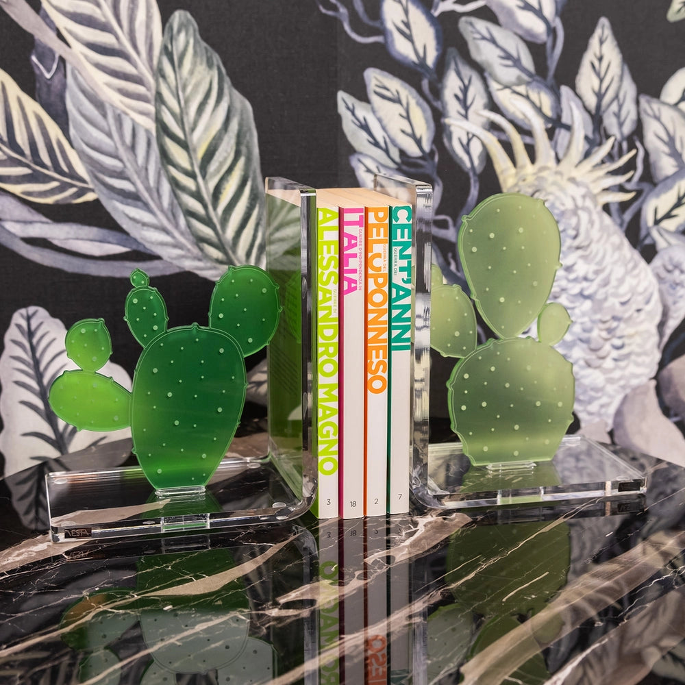 REGGILIBRO CACTUS IN CRISTALLO ACRILICO TRASPARENTE E VERDE