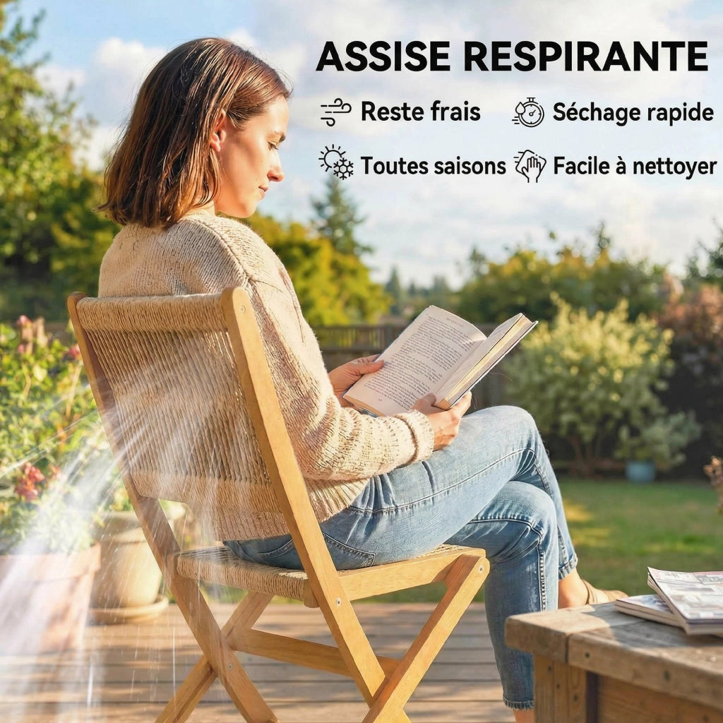 Sedie da giardino pieghevoli ¨C Minimal ¨C Legno di acacia, corda intrecciata naturale e beige