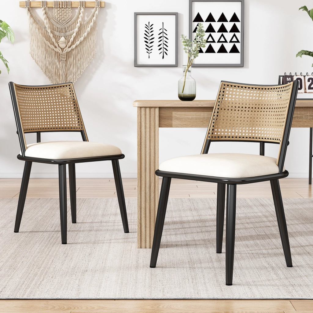 2 Sedie da pranzo - Zephmum- Schienale in rattan, seduta in PU, nere