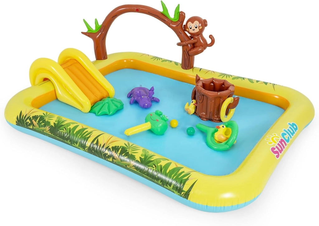 Piscina Gonfiabile per Bambini, Piscinetta per Bambini a Tema Giungla con Scivolo, Palline e Giocattoli a Forma di Animali, Parco Giochi da Esterno per Giardino e Cortile, per 2-6 Anni